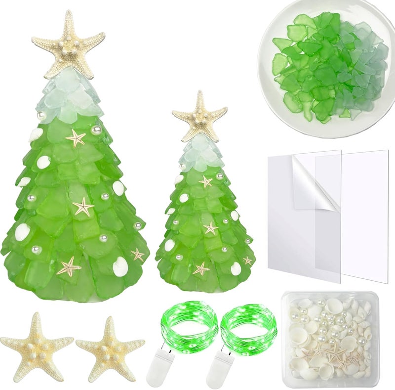 WECKLOM Christmas Tree DIY Kit Sea Glass Pieces for DIY Crafts Christmas Craft DIY Christmas Tree Lights Lamp Christmas Ornament Crafts (Green + White) - Image 1
